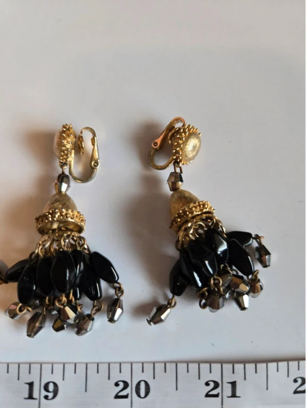 Vintage Trifari Black Beaded Dangle Clip-On Earrings Gold Tone Signed